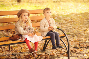 Cute little children sitting on bench in autumn park