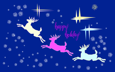 Obraz na płótnie Canvas Оriginal vector-isolated colored silhouettes of forest reindeer for Santa's Christmas sleigh on blue background, snowflakes and stars, lettering.