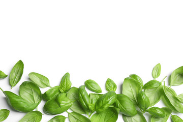 Fototapeta premium Fresh green basil leaves on white background, top view
