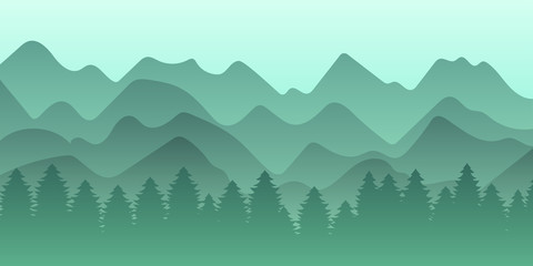 Mountain forest green scenery sunset vector background. Morning mist, panoramic outdoors view for tourism posters, hiking ads. Pine, evergreen park. Foggy morning, dim light calm mood illustration.