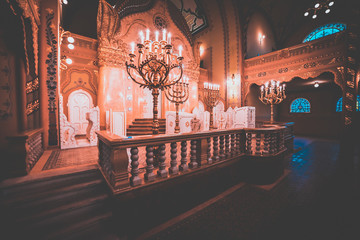 Beautiful interior of the Jewish synagogue, red filter