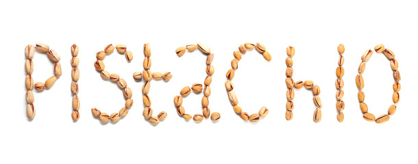 Word PISTACHIO made of tasty nuts on white background