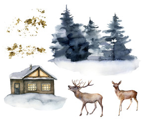 Watercolor set with deers, house and winter forest. Hand painted Christmas illustration with animals and fir trees isolated on white background. For design, print, fabric or background. Wildlife.
