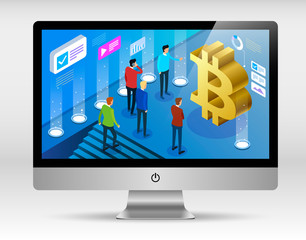 Bitcoin cryptocurrency concept on computer screen, Isometric vector concept banner, Marketing and finance vector isometric concept, Vector illustration