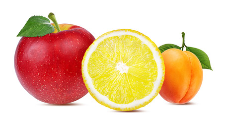 Collage of fresh fruits and berries isolated on white background with clipping path