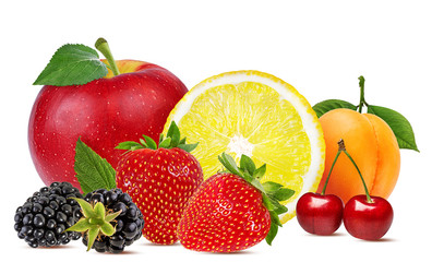 Collage of fresh fruits and berries isolated on white background with clipping path