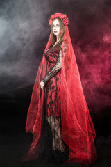 witch vampire girl in red dress with red veil - 303910799