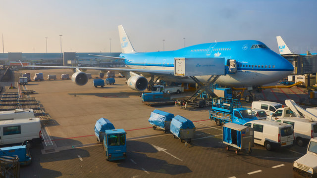 Amsterdam, Netherlands - March 11, 2016: KLM airplane parked at Schiphol airport.