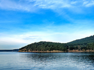 View of the San Juan Islands from the Anacortes Ferry in Washington.