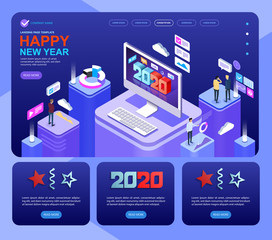 2020 Isometric a Happy New Year greetings. Vector modern minimalist Happy new year Isometric card for  2020 Year. Multi colored Vector Isometric illustration