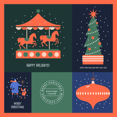 Fototapeta premium Collection of Christmas pictures with holiday symbols: Carousel with horses, decorated spruce, Christmas tree toy. Templates holiday banners and greeting card. New year design for a print poster.