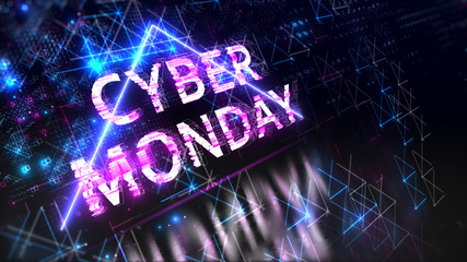 Cyber monday sale sign on tech blue circuit board background.