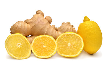 Ginger root and lemon isolated on a white background