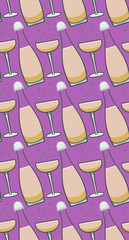 Bottle and glass of champagne seamless pattern on purple background