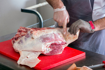 cutting meat in the meat shop