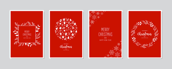 Merry Christmas modern elegant card set greetings fir pine branches, icons and snowflakes on red background