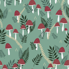 Seamless pattern with mushrooms and leaves