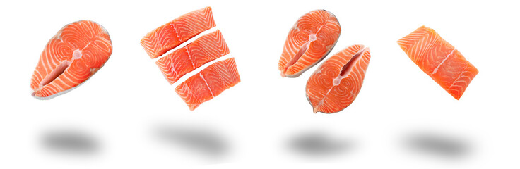 Set of fresh raw salmon on white background. Fish delicacy