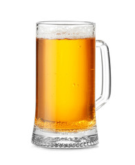 Mug of fresh beer on white background