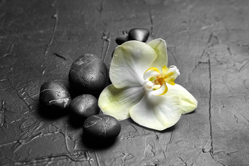 Fototapeta na wymiar Pebbles and white yellow flower on black background. Smooth spa stones and orchid