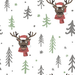 Vector Christmas seamless pattern with cute cartoon deer, trees, and snowflakes. White, black, and grey palette. Scandinavian winter background. Design for fabric, paper, card, web banner, invitation
