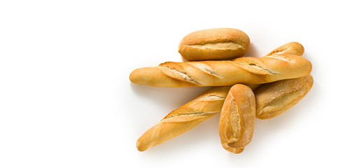 banner of fresh white bread baguette and bun isolated on a white background with seeds