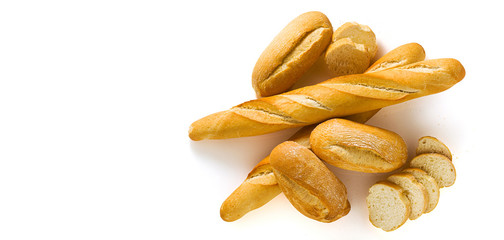 banner of fresh white bread baguette and bun isolated on a white background with seeds