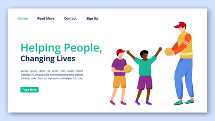 Helping people, changing lives landing page vector template. Charity website interface idea with flat illustrations. Humanitarian help homepage layout. Childcare web banner, webpage cartoon concept