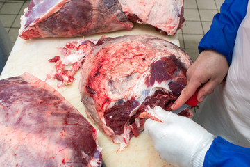cutting meat in the meat shop