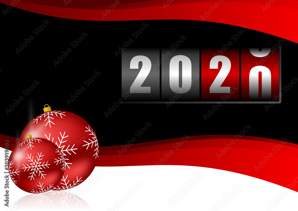Poster new years 2020 background, illustration, greeting card with red christmas balls and counter with emp
