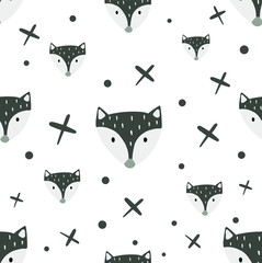 seamless pattern with cartoon grey fox and abstract elements