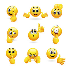 Obraz premium Vector set of smiling ball icons with different face expression. Set of emoticons gesturing with his hand.