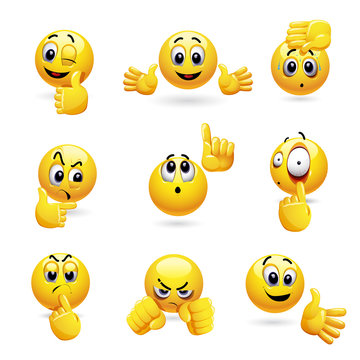 Vector set of smiling ball icons with different face expression. Set of emoticons gesturing with his hand.