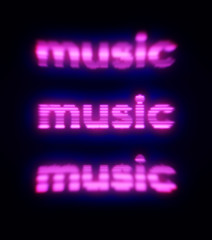 Pink music text on a dark background. Print. The word music on the poster.