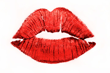 Print of female sexual lips. Imprint of red lipstick, close-up. Kiss. Red lips isolated on white background. Red lips on white.