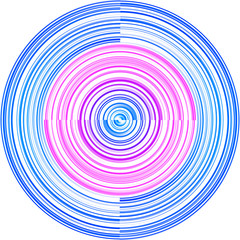 Radial digital composition with sliced colourful rings. Print. Abstract multiple blue and purple circles of variable thickness lines.