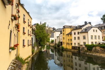 Building facades on river canal, old town, Europe