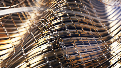 3d render of abstract background with depth of field effect based on wavy round curved lines, cords, strings or threads in spiral shape in gold metal and black plastic material. Gold spheres around