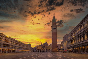 Scenic view of Piazza San Marco with dramatic colorful sky, Venice, Italy