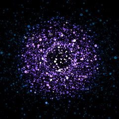 Beautiful cloud of small chaotic dots flying in a form of a circle on black background. Print. Colorful purple beautiful ring surrounded by small particles.