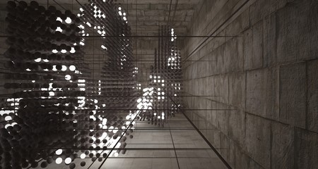 Abstract architectural concrete beige interior  from an array of brown spheres  with neon lighting. 3D illustration and rendering.