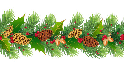 Fototapeta premium Seamless natural Christmas tree decor made of cones, hops, acorns, red berries and pine.