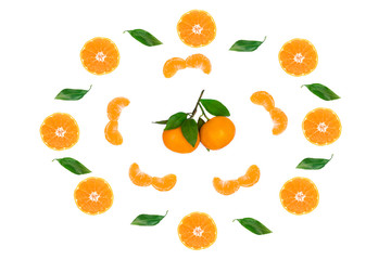 Set, composition, still life of orange ripe tangerines, tangerine branch with leaves isolated on white background. Citrus fruits vitamin C concept. Healthy vegan or vegetarian fresh natural food, diet