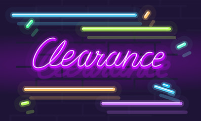 Neon handwritten clearance sign with sparks. Square line art style neon illustration on brick wall background. - obrazy, fototapety, plakaty