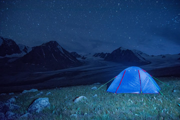 tent under the night sky in Altai mountains, Mongolia