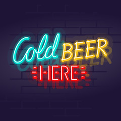 Naklejka na ściany i meble Neon cold beer here typography. Night illuminated wall street pub or bar sign. Square illustration on brick wall background for social networks.
