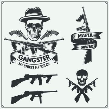 Set of gangsters and mafia emblems, labels and design elements. Street wars elements, guns and skulls.