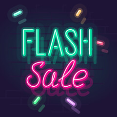 Neon handwritten flash sale sign with sparks. Square line art style neon illustration on brick wall background.