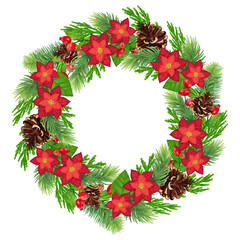 Bright New Year wreath with red Poissentia flowers, spruce branches, berries, holly and cones. Winter holiday decor.