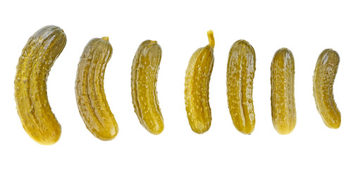 Pickled cucumbers isolated on a white background, top view. Cornichons.